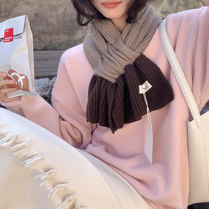 Colorblock Knit Small Scarf: Women's Autumn Winter Korean Style, Warm & Versatile for Students & Couples, Solid Color Snood