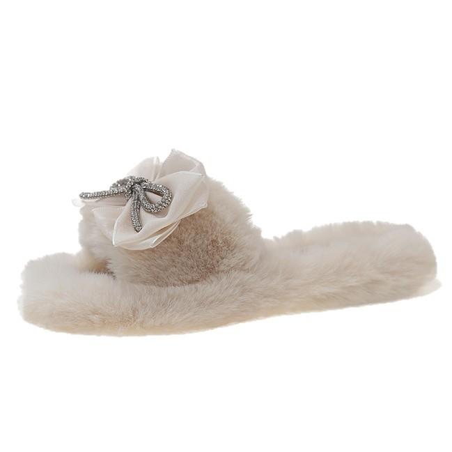 Sweet rhinestone bow hairy drag girl 2025 autumn and winter thick-bottomed open-toed cotton slippers soft-soled outer wear