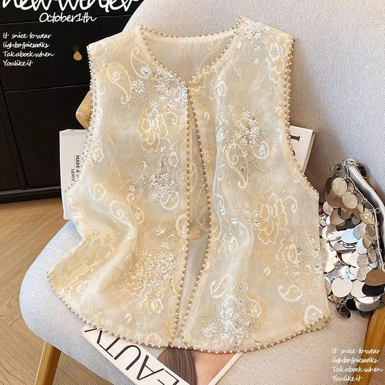 

Вышитый жилет с пайетками и бисером, женский высококлассный верхний слой, топ, весенне-летние новые модели M (under 50kg recommended)