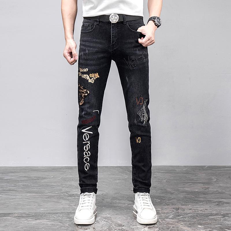 

Новые высококачественные мужские джинсы европейского и американского стиля с вышивкой, облегающие и модные джинсовые брюки с бриллиантами 36
