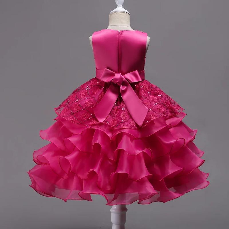Vestito Principessa da Bambina Elegante con Ricami Floreali Fiocco Senza Maniche Strati di Rete