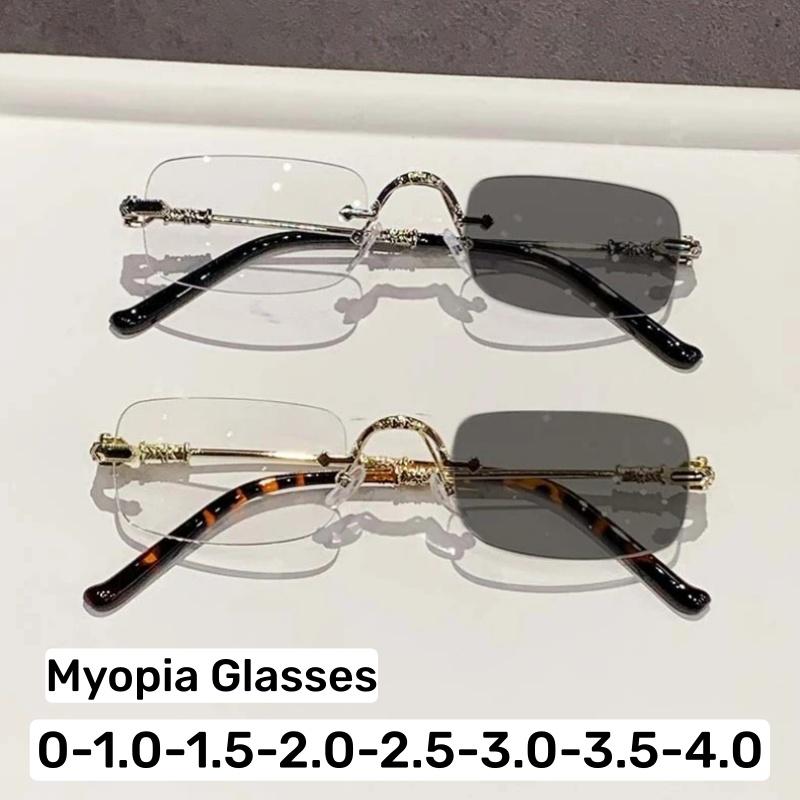 Metal Frameless Photochromic Myopia Glasses Unisex Square Frames Blue Light Protection Minus Diopter Eyeglasses 0 To -4.0