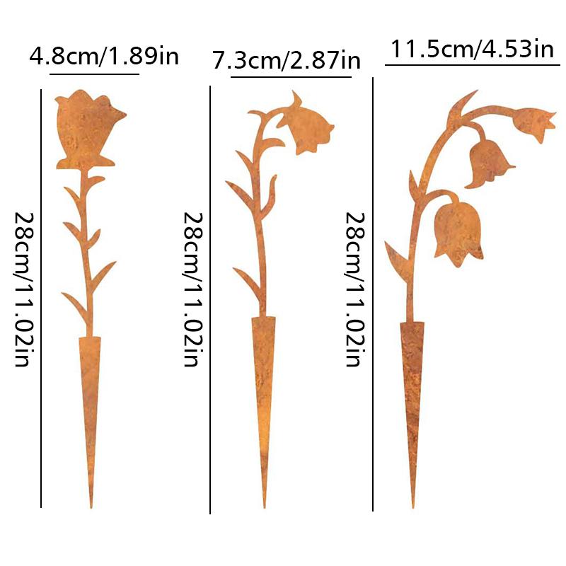 3pcs/set Metal Flower Stakes Rustic Rusty Bell Orchid For Yard Lawn Patio Iron Crafts Creative SL