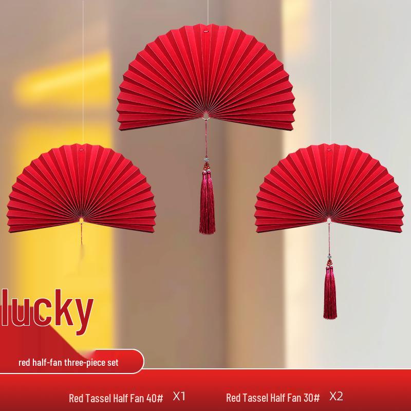 Wedding Décor Set: Honeycomb Balls, Folding Fans & Double Happiness Pendants for Groom's Room