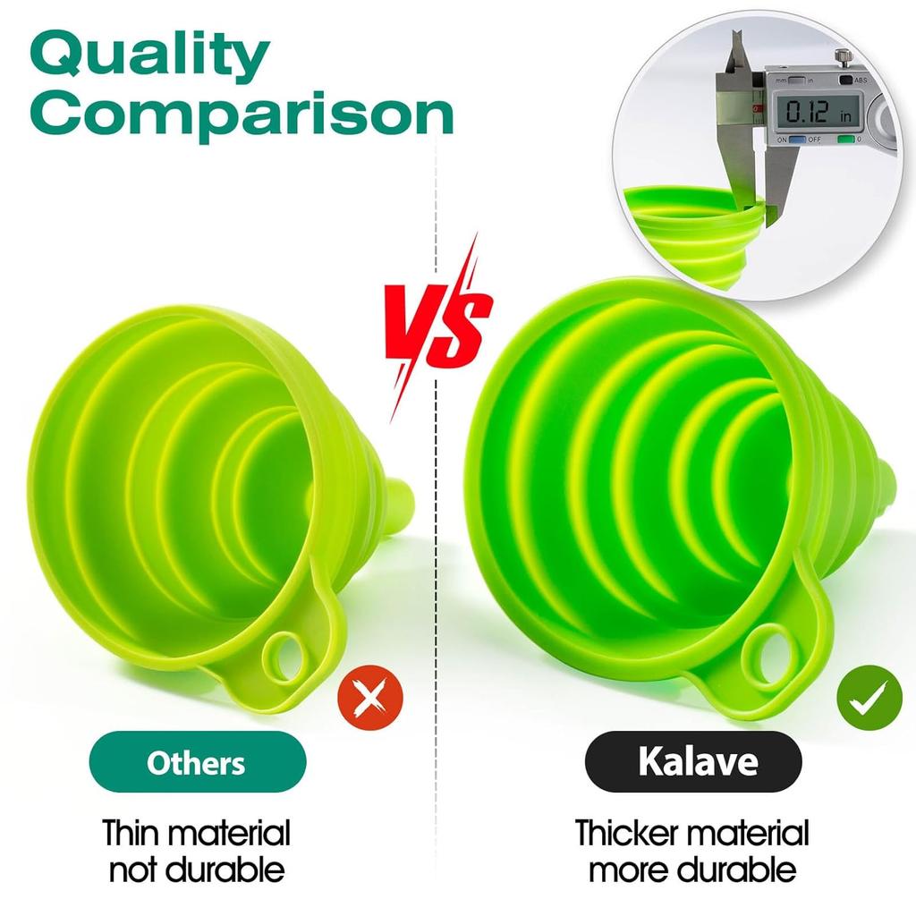 KALAVE Kitchen Funnel Set 6 Pack - Food Grade Silicone Collapsible Funnel, Funnels for Kitchen Use Filling Bottles, Daily Cooking, and Water or