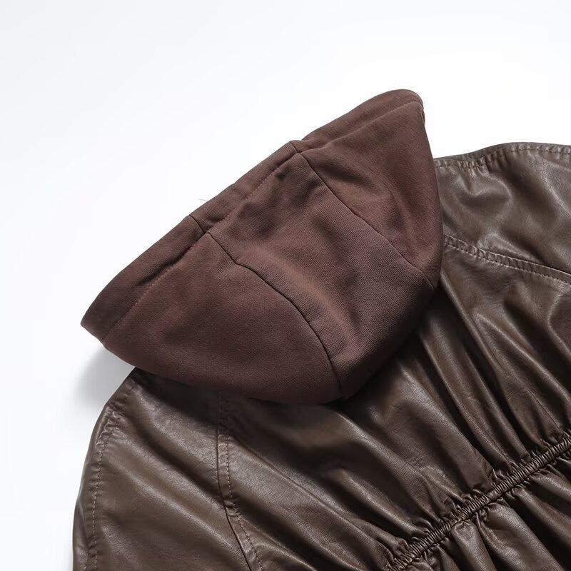 2024 Autumn Women's European & American Style Faux Leather Hooded Sweatshirt Coat