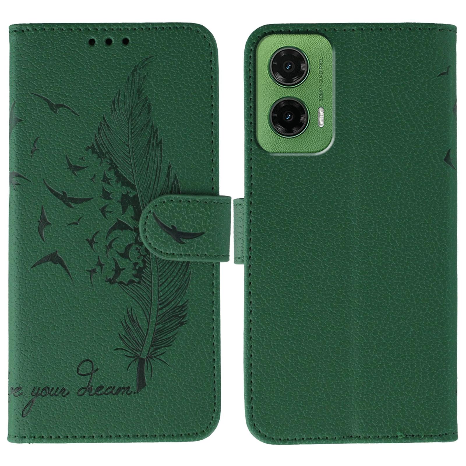 

For Motorola Moto G35 5G Case Feather Imprint PU Leather Wallet Phone Cover Green