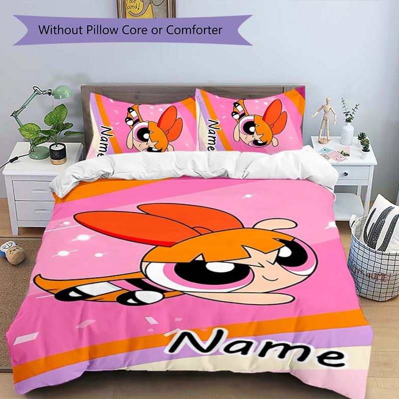 3pcs The Powerpuff Girls4 Cover Set - Personalized Name, HD Printed Bedding with 1 Cover and 2 Pillowcases - Perfect for Home Decor, Easy Care