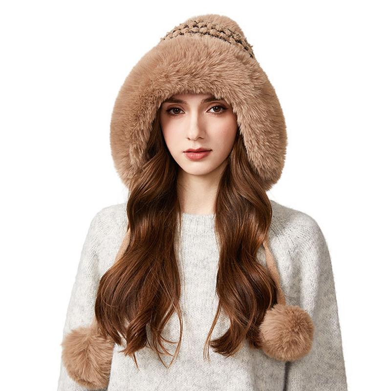 Knitted Hat Winter Big Hair Collar Thick Wool Hat Women's Three Hair Ball Warm Hat