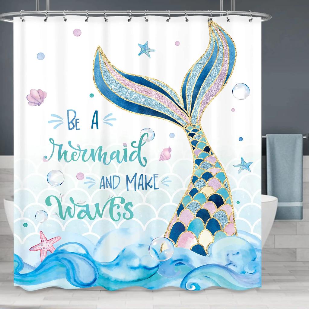 Mermaid Shower Curtain Tail Fish Girls Kids Cartoon Ocean Heart Colorful Purple Hair Seaweed Bath Decor with Hooks Waterproof
