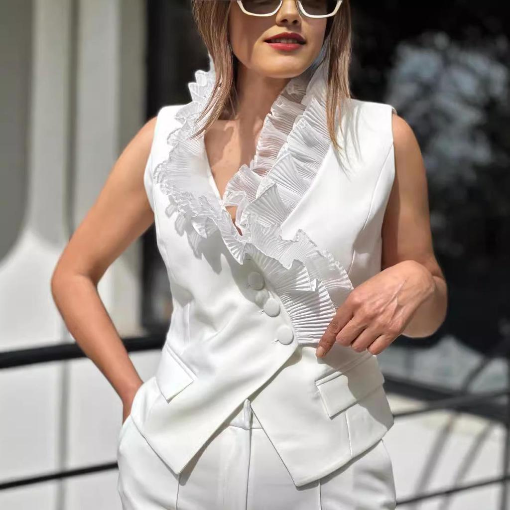 2024 European & American Spring/Summer Sleeveless Pocket Vest & Long Pants Women's Two-Piece Set