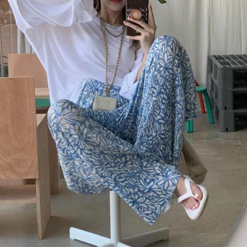 

Женская одежда Летняя мода Винтажный принт Плиссированные брюки с широкими штанинами Женские повседневные Брюки прямого кроя с высокой талией S синий