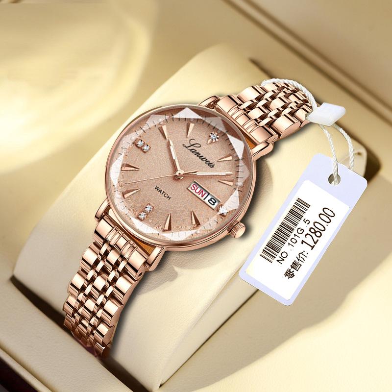 Swiss English-Chinese Women's Watch: Fashionable Butterfly Buckle, Luminous, Waterproof, Stainless Steel Band, Calendar Feature.