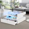 Mesa de centro regulable en altura de 80*80*45 cm con almacenamiento oculto y 2 cajones, luces LED, alto brillo, hecha de vidrio templado, blanca