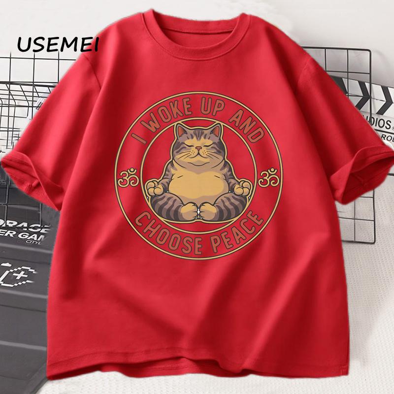 

I Woke Up and Choose Peace Printed T-shirt Yoga Cat Unisex Cotton Tee Shirt Unisex Harajuku Round Neck Man Clothes Streetwear M