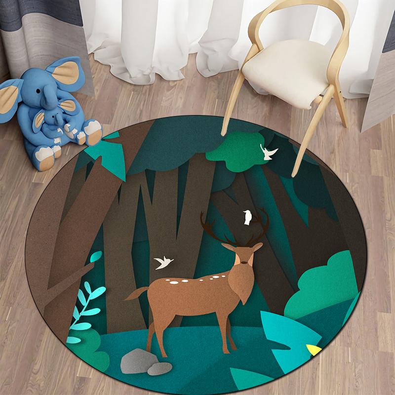 Floor Mat Living Room Rug Children's Crawling Play Area Mat Anime Carpet Door Mat Forest Fawn Round Rug