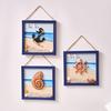 Wood Beach Framed Wall Art Coastal Ocean Theme Wall Hanging Sign with Steer Wheel Conch Sailboat for Bathroom Bedroom Living Room Decor