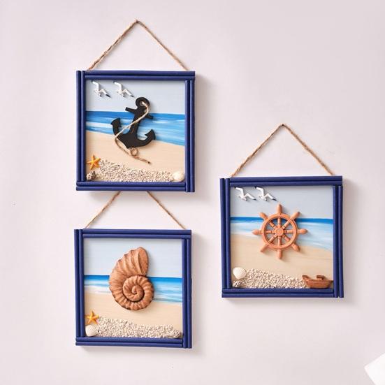 Wood Beach Framed Wall Art Coastal Ocean Theme Wall Hanging Sign with Steer Wheel Conch Sailboat for Bathroom Bedroom Living Room Decor