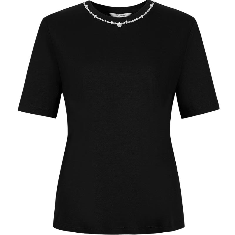 JUZUI Women's Pearl Round Neck Short Sleeve T-shirt