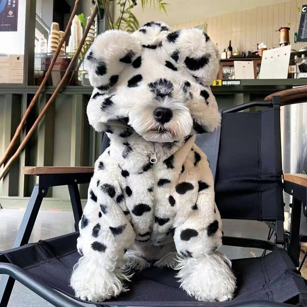 Winter New Pet Clothing White Leopard Dog Coat Warm Long Velvet Cap with Small Spots Small Dog and Cat Same Pet Fur Coat