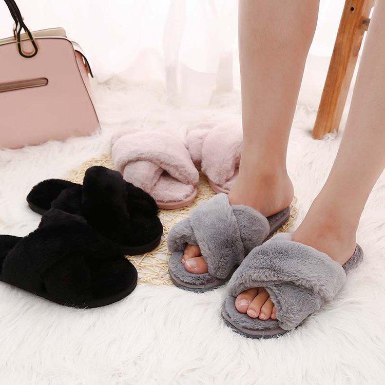 Cotton slippers women's autumn and winter new women's warm fluffy slippers flat bottom indoor home confinement plush one-word drag