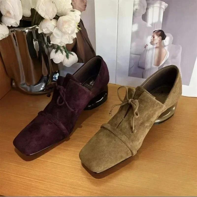 Suede Square Toe Mid Heels Shoes Women Desigenr Chunky Loafers Shoes Trend Fashion Elegant Pumps Dress New Mujer De Zapatillas