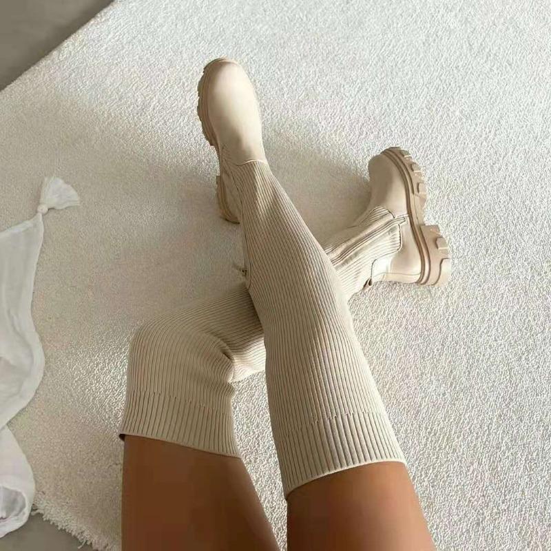 Autumn and winter thick-soled over-knee boots women's elastic fly-woven wool high boots round-head breathable single shoes