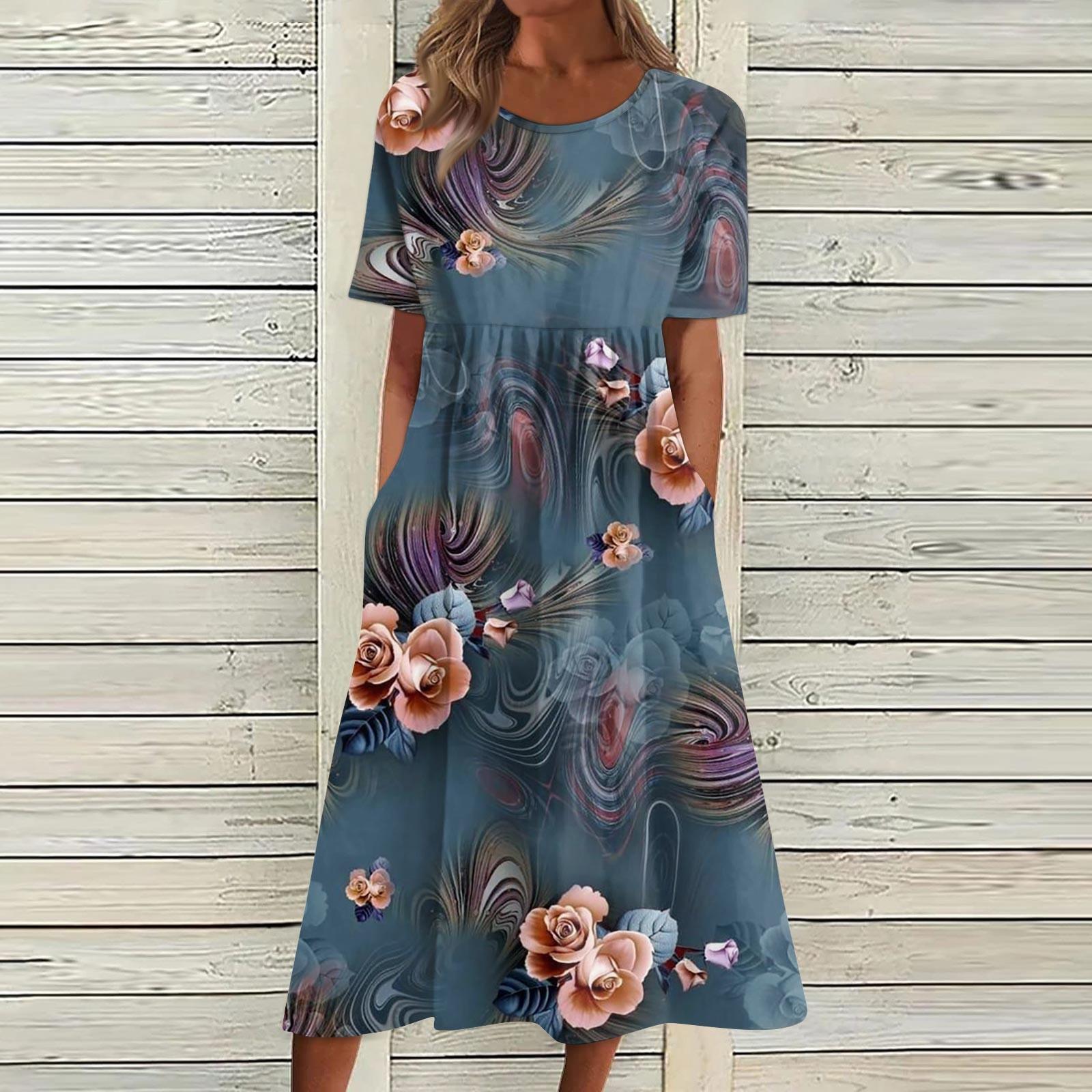 

Women s Casual Dresses Printed Dresses Summer Dresses Printed Pleated Round Neck Midi Dresses Basic Classic Outdoor Daily Short Sleeve Loose Dresses XXXL Темно-синій