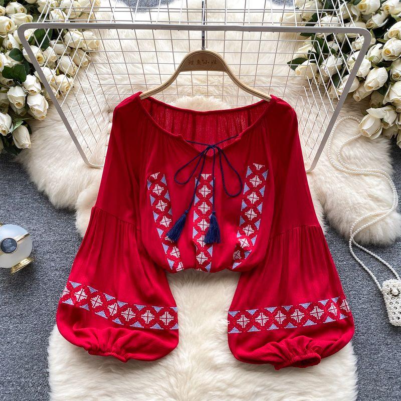 Retro Ethnic Style Lantern Sleeve Shirt Tassel Embroider