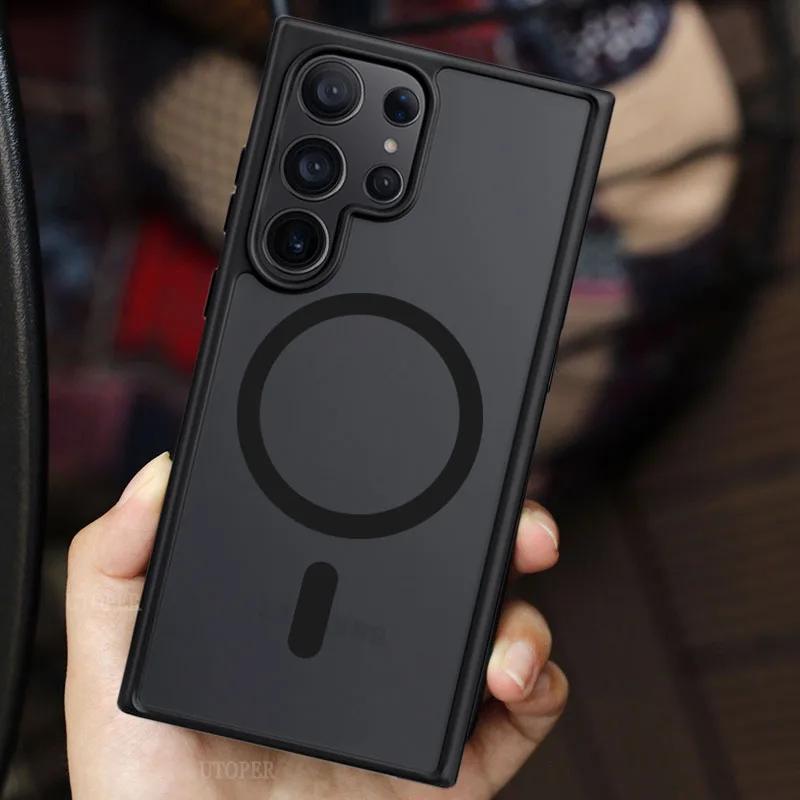 Magnetic Matte Translucent Armor Shockproof Case For Samsung Galaxy S25 S24 S23 S22 Ultra Plus For Magsafe Charge Cover