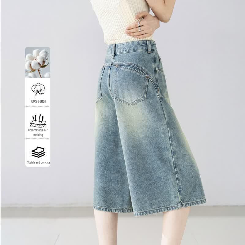 Demana Women s Summer High-Waisted Wide-Leg Cropped Denim Pants XL