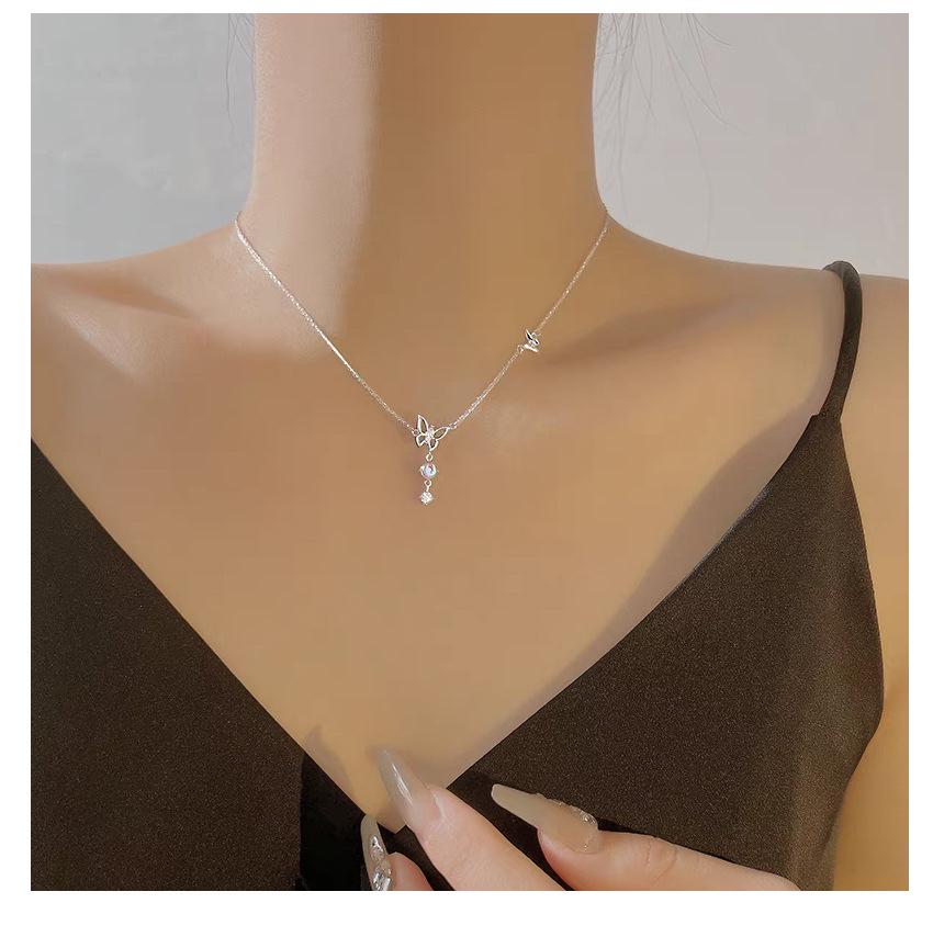 Moonlight Glazed Butterfly Necklace in S925 Sterling Silver - Sweet Heart Tassel Clavicle Chain