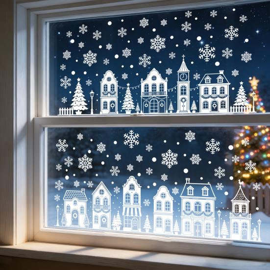 Christmas Window Decals 4Pcs Static Clings, White Town House Snowflake Glass Stickers, Line Drawing Film Reusable Xmas Holiday Decor for Home