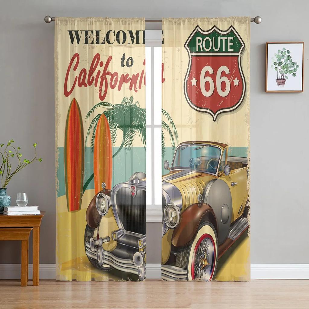 Alphabet Car Machinery Vintage Car Retro Tulle Sheer Window Curtains for Living Room Bedroom Voile Organza Curtains Drapes