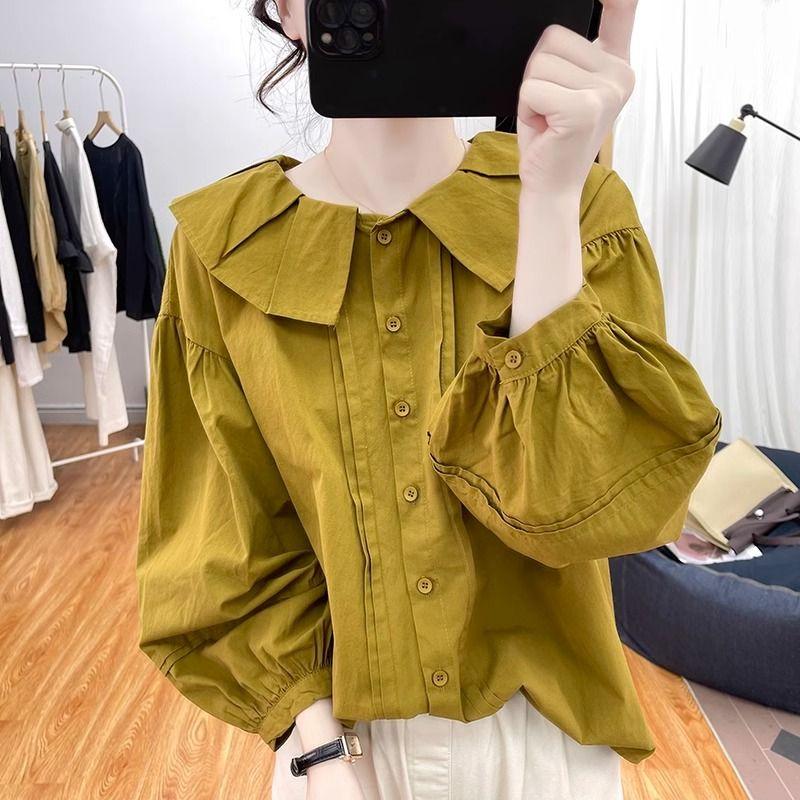 Peter Pan Collar Pure Cotton Loose Lantern Sleeve Long Sleeve Blouse Women Autumn Retro Youth Ful Top Basic Shirt