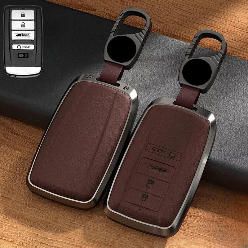 Aluminum Alloy Leather Car Smart Remote Key Fob Case Cover Holder Bag With Keychain For Acura CDX TLX RLX RDX MDX ILX 2016-2020