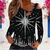Women Plus Size Asymmetric Cutout Neck Cold Shoulder Long Sleeve Black Gold Printed Fitted Top