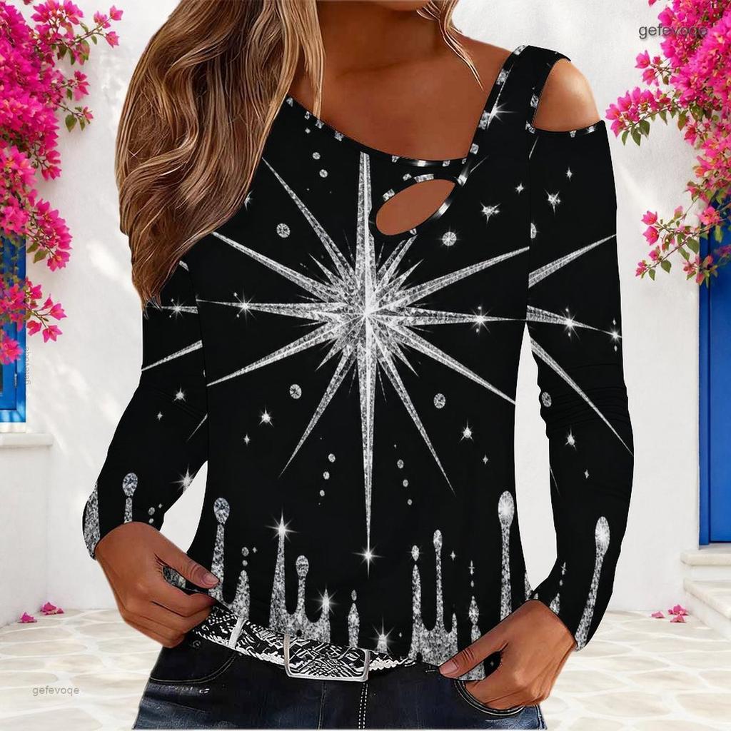 Women Plus Size Asymmetric Cutout Neck Cold Shoulder Long Sleeve Black Gold Printed Fitted Top