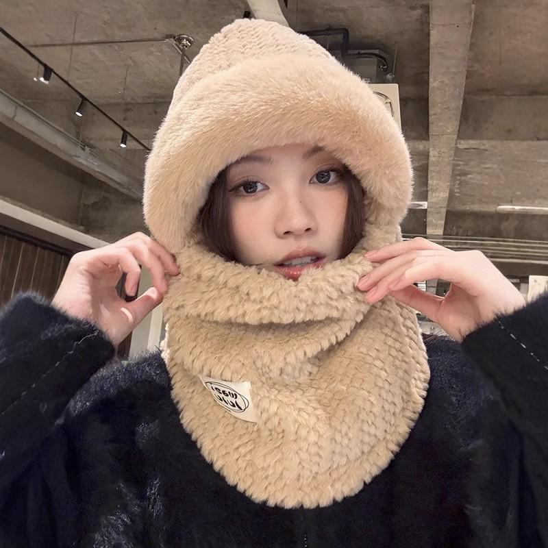 

Плюшевая шапка-шарф с интегрированной маской для женщин на осень и зиму, теплая защита ушей, ветрозащитная, от холода, с утолщением из плюша, шапка