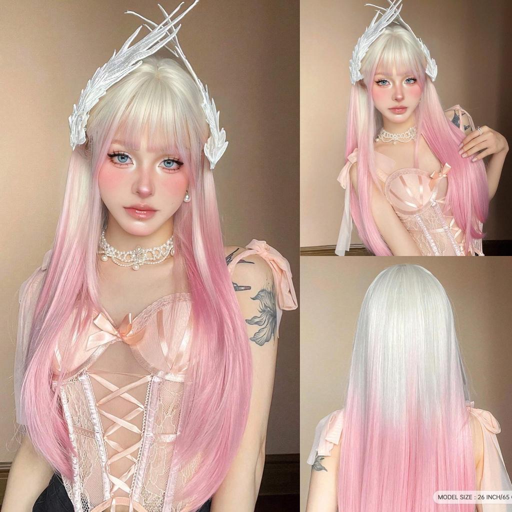 Synthetic Layered Wig Long Rose Gold Straight Wigs with Bangs Blonde Cosplay Party Natural Hair Wigs for Women Heat Resistant