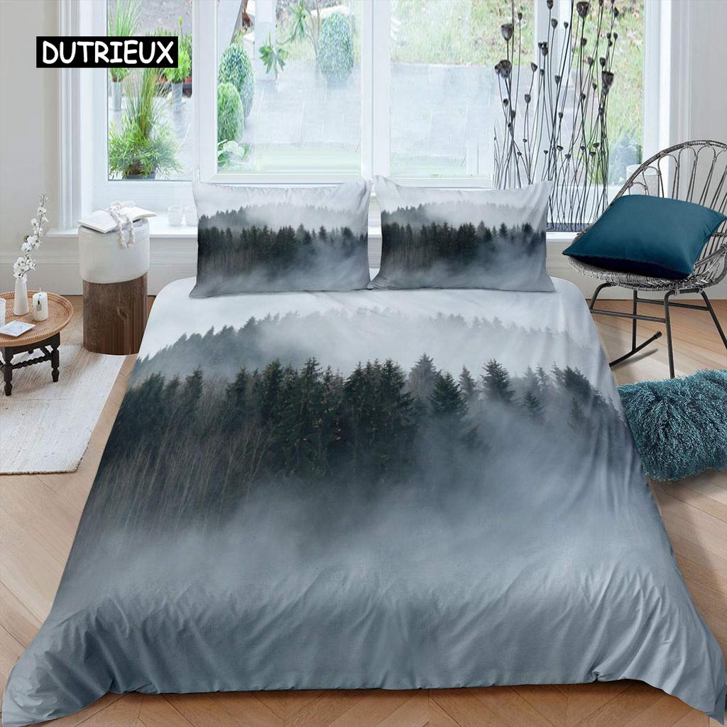 Smoky Mountain Duvet Cover Set Pine Trees Comforter Cover Boys Landscape Quilt Cover Natural Scenery Art Polyester Bedding Set