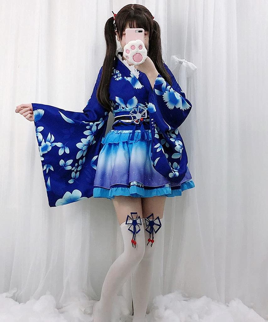 Milky Time Yukata, Japanese Style Miniskirt, Cute Cosplay Halloween Costume Set, Summer Festival, Oiran (Blue)