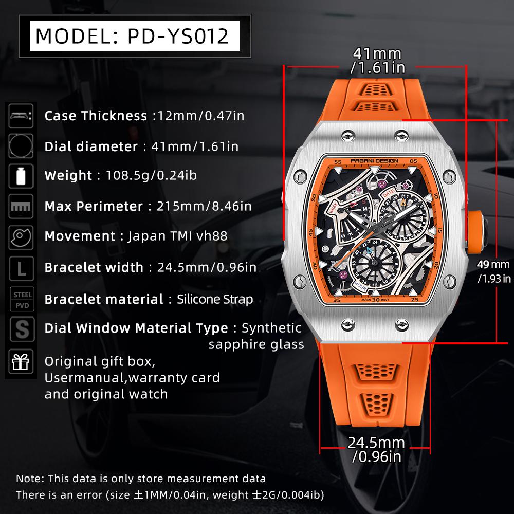 PAGANI DESIGN Tonneau Quartz Watch Men Luxury Sport Waterproof Luminous Multi-Function Silicone Band Male Clock PDYS012