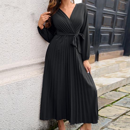 Cross V-neck Lantern Long Sleeve Waist Strap A-Line Autumn Dress Simple Pure Color