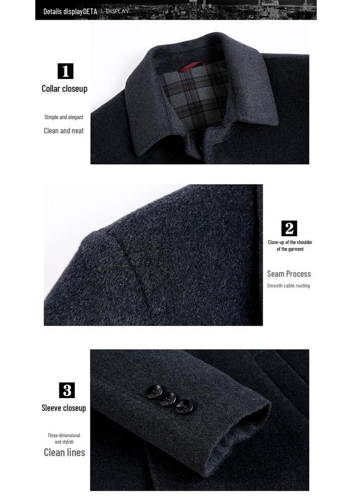 Men's Mid-Length Double-Faced Cashmere Wool Coat - Autumn/Winter Thick Tweed Jacket, Dad Style Trench Coat
