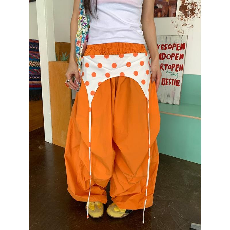 

Large size design sense dopamine stacked wide-leg pants women s summer street color contrasting splicing dancing casual pants S оранжевый