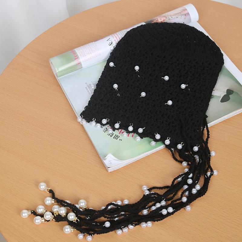 Elegant Pearls Beanie Hat Breathable Hat Y2K Crochet Beanie Hat Holiday Y2K Crochet Hat Encrusted Pearls
