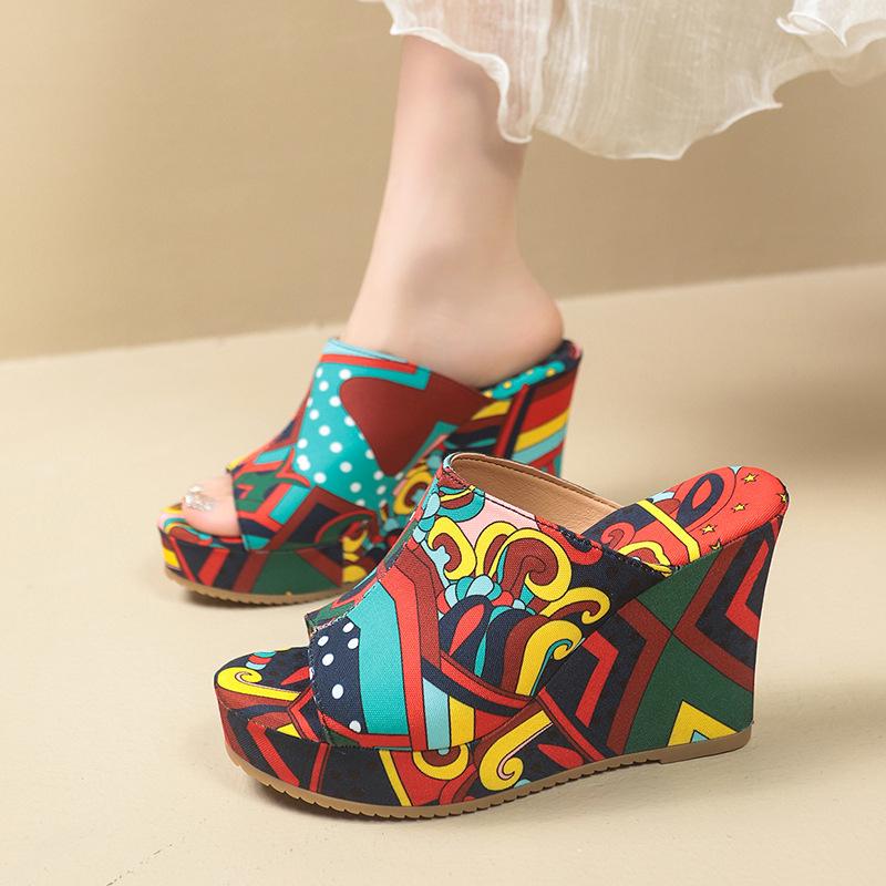 Colorful Graffiti Wedge Heel Sandals for Women Summer Peep Toe Chunky Platform Slippers Woman Thick Bottom Beach Sandals