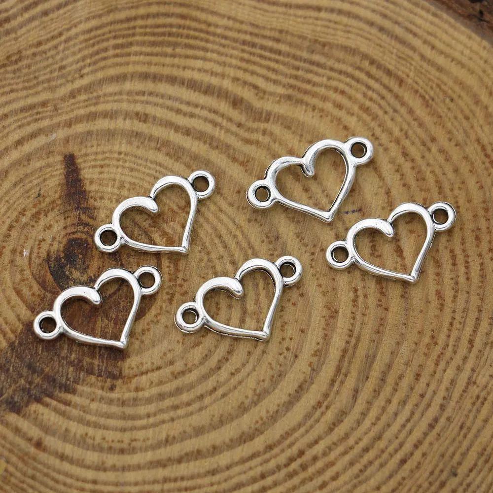 40Pcs Silver Plated Heart Charm Connectors For Jewelry Making Bracelet Diy Craft Accessories15X8Mm