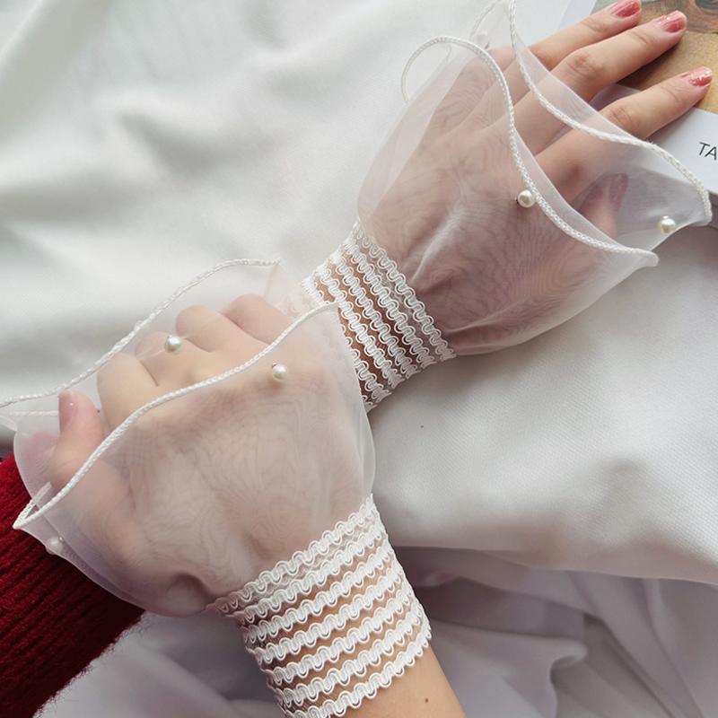 Lace False Sleeves Women'S Sweet Lace Mesh Pearl Bell Sleeves Wrist Sleeve For Weddings And Parties